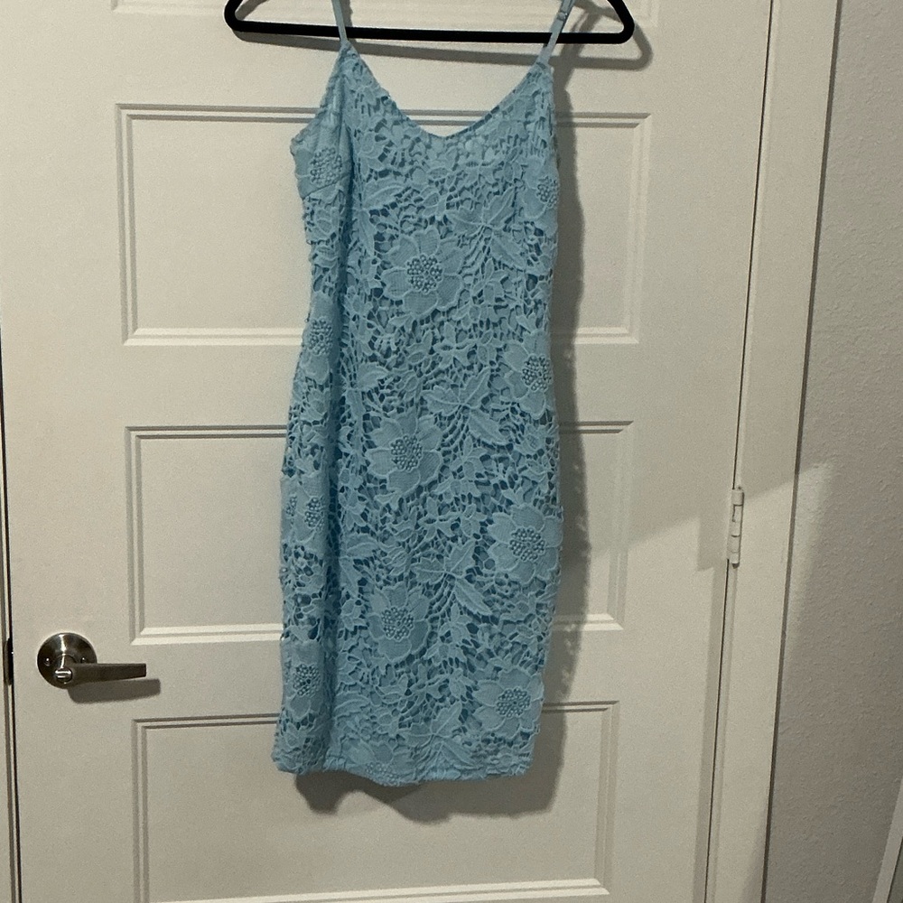 Light Blue Lace Midi Slip Dress with Spaghetti Straps
